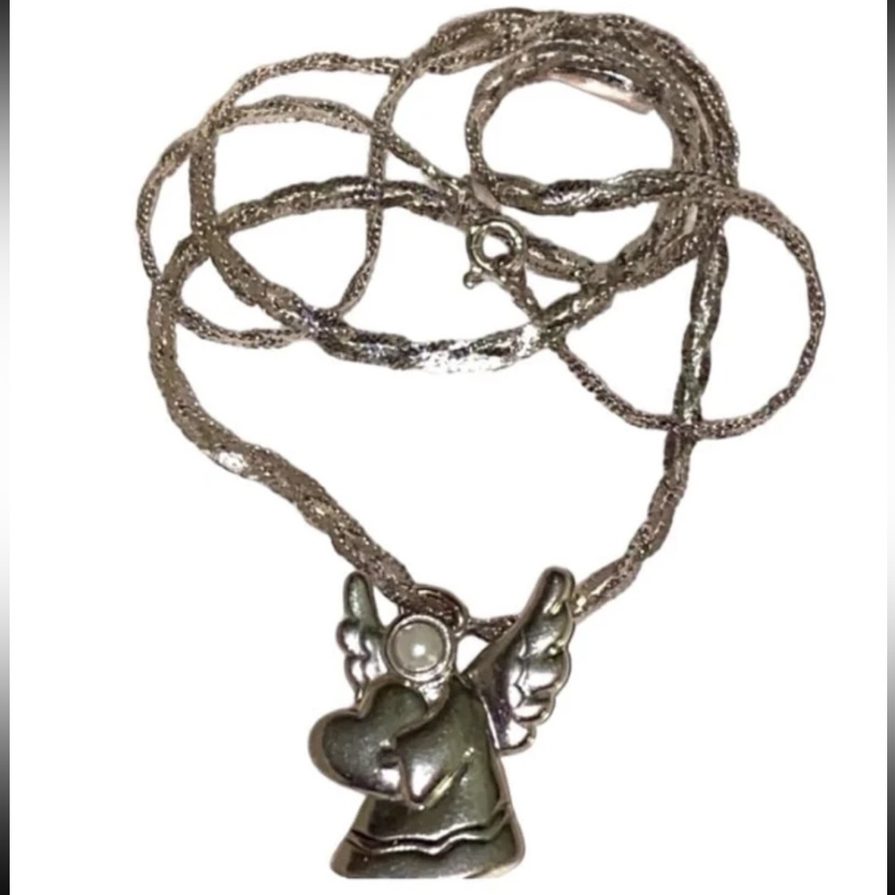Vintage Sterling Silver Pearl Angel Pendant Braided Chain Necklace 20" - Picture 4 of 7